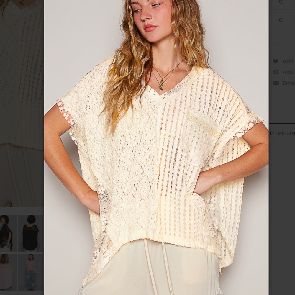 POL Cream Lace Crochet V-Neck Short Sleeve Top